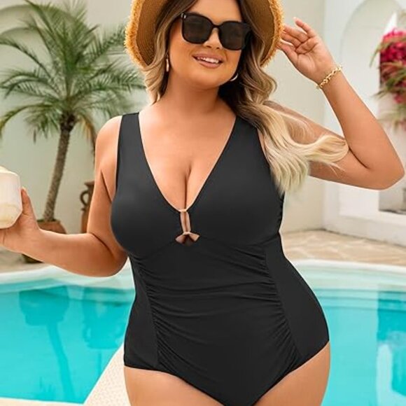 Curvagile XL Women's One Piece Tummy Control Sexy Cutout Plus Size Swimsuit - Picture 6 of 6